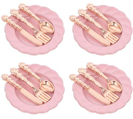 MUSISALY Lot de 4 Sets de Mini Assiettes en Alliage Rose Doré 12 Mini Ustensiles pour Maison de Poupée Vaisselle Miniature Réaliste et Légère Accessoires la Cuisine Miniature pour Jeu