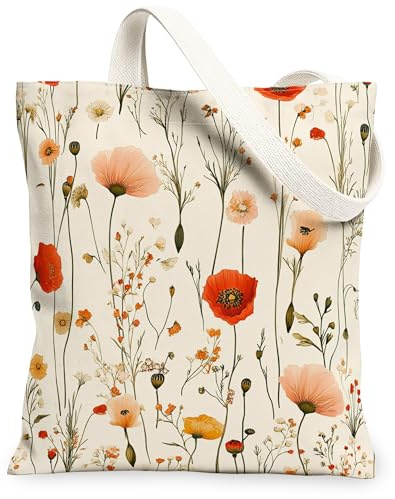 Bolsa de lona de flores de amapola de primavera para ir de compras, 13 x 15 pulgadas, bolsa de comestibles reutilizable para mujeres, pintura estética estética, decoración de regalo