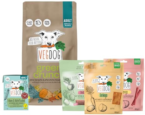 VEGDOG Green Power - Confezione per principianti con cibo completo ipoallergenico e snack, con crunch verde, cibo umido per adulti in Tetra Pak e snack dentali, Beevys e Jerkeys