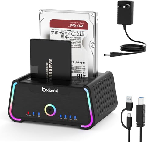 Xiaobi Hard Drive Docking Station , USB C Dual Bay Dock for 2.5/3.5 SATA HDD SSD, Hard Drive Reader Up to 5Gbps, Support UASP Offline Clone Function