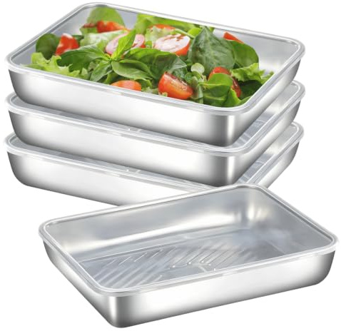 Aufschnittboxen Kühlschrank Organizer 4er Set, Edelstahl Lebensmittel Aufbewahrungsbox Stapelbare Frischhaltedosen mit Deckel Edelstahl-Box Gefrierdosen für Wurst Käse Fleisch, Spülmaschinenfest