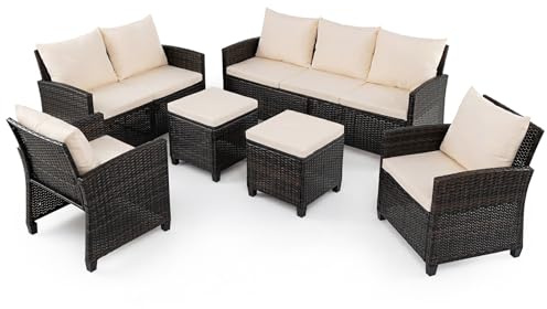 COSTWAY 6 TLG. Rattan Gartenmöbel, Sitzgruppe für 7 Personen, Sitzgarnitur mit 2 Sofa, 2 Sessel, 2 Hocker & Kissen, Terrassenmöbel wetterfest Outdoor, Balkenmöbel für Terrasse, Balkon, Garten (Beige)