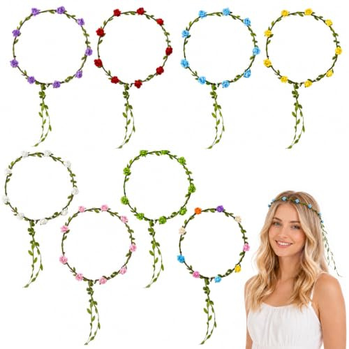 RhiVrillion Set de 8 diademas florales para mujer, tocados de boda y accesorios de fiesta, cintas textiles suaves, corona de flores para carnaval, Halloween y Navidad