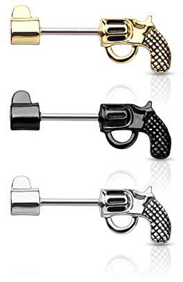 beyoutifulthings Brustwarzen-Piercing Revolver Pistole Brust-Piercing Nippel-Piercing Chirurgenstahl Gold Schwarz Silber Stab 1,6/12mm
