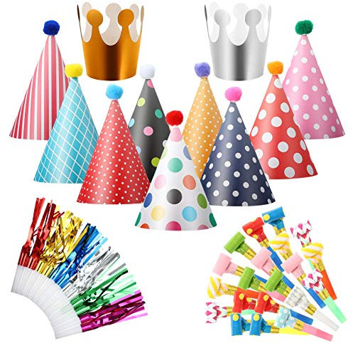 metagio Kit 38 Pièces Chapeau Anniversaire Enfant - 11 Chapeaux Cône de Fête et 27 Sifflets Colorés avec Pompons pour Fêtes de Bébé