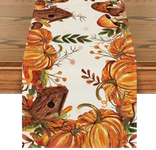 Artoid Mode Citrouille Champignons Maison d'oiseaux Feuilles Chemin de Table Automne récolte Vintage Maison de Ferme Table à Manger décoration 40 x 140 cm