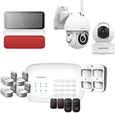 Daewoo Security SA636 - Modelo Premium Plus Compatible con Animales, Alarma de Casa Inalámbrica WiFi/gsm Conectada, Sirena Exterior, 2 Cámaras, Compatible con Amazon Alexa, Google Home Blanco