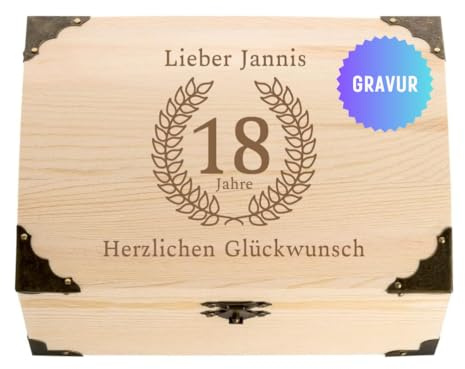 4youDesign Schatztruhe Geschenk zum 18. Geburtstag für Jungen und Mädchen | Personalisiertes Geschenk mit Namen und Alter | Holzkiste für Geldgeschenke, Erinnerungen oder als Verpackung | 18x13x10cm