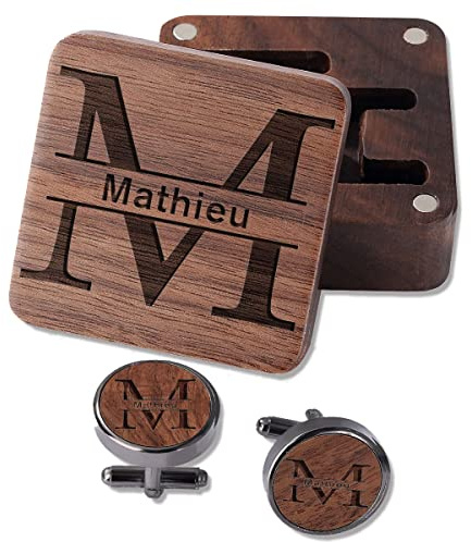 Gemelos personalizados para hombres Gemelos de boda grabados Regalos para el novio Mejor hombre, Gemelos de madera para papá Esposo con caja, Nombre personalizado Fecha o cualquier texto