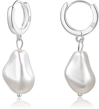 Pendientes de plata de ley 925 y oro de 14 quilates con perlas barrocas blancas irregulares colgantes para mujer