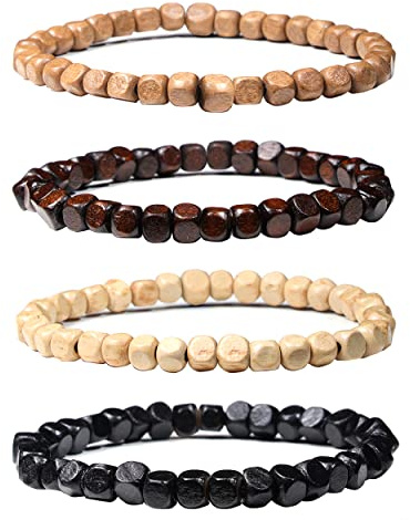 Manfnee 2-4Pcs Bracelets en Perle de Bois Prière Bouddhiste Lithotherapie Homme Femme Élastique