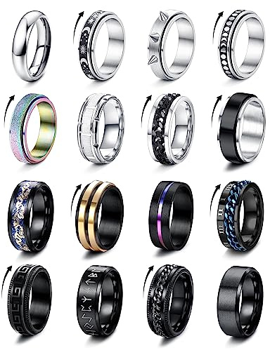 FIOROYAL 16 Pezzi Anelli Uomo Argento Nero Acciaio Inossidabile Antistress Anxiety Anelli Celtici Anelli Cool Banda Spinner Fidanzamento Promessa Anello per Uomo Donna 14.2-30 v13