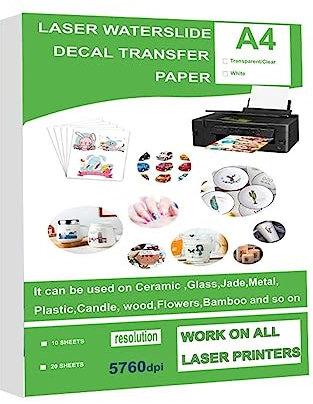 MSEURO Wasserrutschen-Aufkleber-Transferpapier, Laser, transparent, weiß, transparent, bedruckbar, A4-Format for DIY-Abziehbilder, Geschenk-Bastelarbeiten Lucky (Color : White 20pcs)