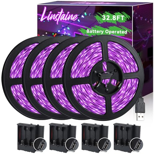 33FT USB Black Lights LED Strip, Battery Operated Black Light Tapestry Light, 300LEDs Blacklight for Bedroom Glassroom, Halloween, Glow Neon Party, Birthday, Fluorescent Poster Painting,4 Pack