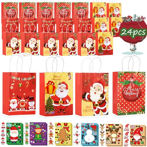 24 Stück Weihnachts Kraft Geschenktaschen,Geschenktüten Weihnachten,Weihnachtsgeschenktüten Wiederverwendbar,Papiertüten mit Henkel Geschenktüten für Weihnachten,Geschenke Mitgebsel,Party,21x15x8 CM