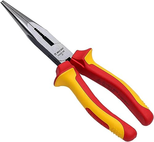 WEDO Flachrundzange 200mm, gerade Spitzzange, Seitenschneider, Spitzzangen mit Abrutschschutz, VDE-isoliert, Flachrundzange mit Schneide,Abrutschschutz, Storchschnabelzange