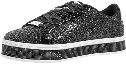 LUCKY STEP Plattform Glitter Sneakers för kvinnor | Glittrig Bling Skinande uppklädda Bedazzled Bröllop Brud Mode promenadskor, Svart, 8.5 US