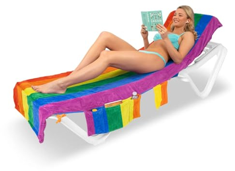 ITSA Velour Beach Towel with Pockets & Handles | 100% Cotton Foldable Sun Lounger Cover | Carry Bag | Secure Storage Beach Towel | Beach Bag (Rainbow)