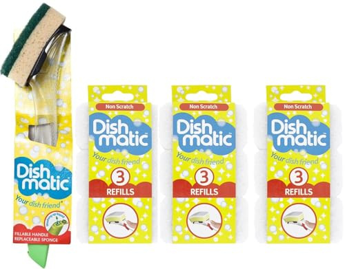 Topest Dishmatic Fillable Washing up Brush [ Easy Grip Dish Cleaner] - with 9X Dishmatic Non Scratch Sponge Refills -Ideal for Glassware and Delicate Surfaces