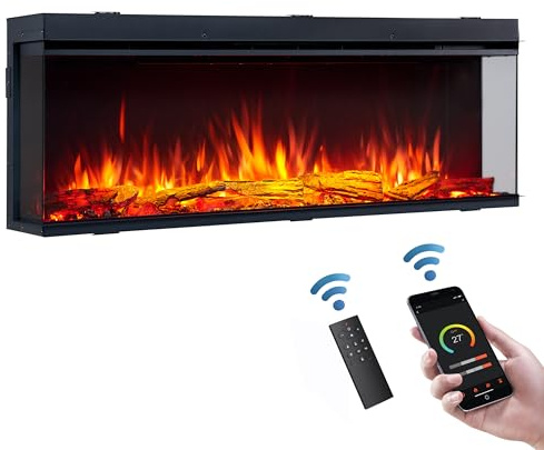 FLAMME 51”/130cm Knighton Platinum Smart Inset Media Wall Electric Fireplace 1-2-3 sided View Compatible with Alexa Deep Fuel Bed Perfect for Media Wall
