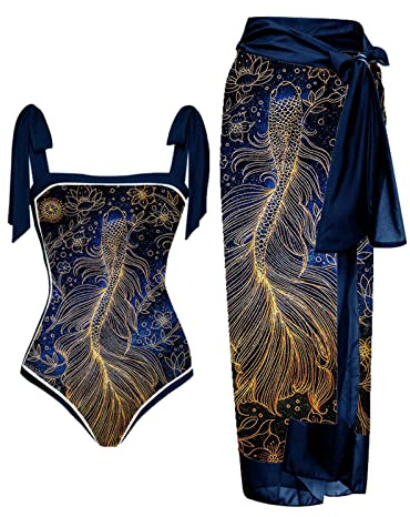 Badeanzug Damen Sexy Bauchweg Push Up Bademode Monokini Set Zweiteilig Vintage Blumen Drucken Einteiler Bikini Cover Up Rock High Waist Swimsuit Frauen Schwimmanzug Bademode
