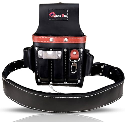 RISING STAR 100% BLACK ELECTRICIAN LEATHER TOOL POUCH WITH ADJUSTABLE BELT, TOOL HOLDER FOR NAILS, HAMMER,WRENCH,PLIERS,TAPE MEASURE,IDEAL TOOL POUCH FOR CRAFTSMEN, CARPENTERS,FARMERS (11 POCKETS)