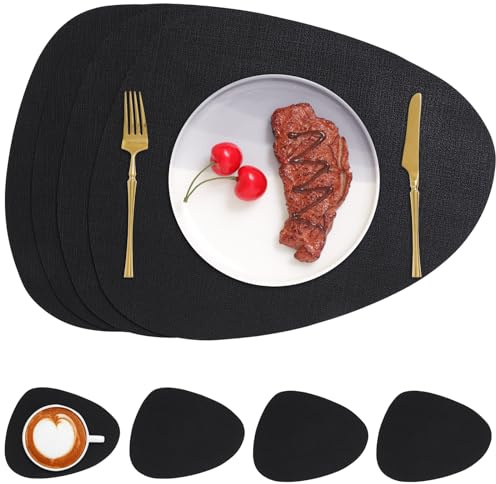 Chitomars Tischsets Leder und Untersetzer, Platzset Rund doppelseitig | Tischsets abwaschbar rutschfest Platzsets Lederoptik Platzdeckchen Teller Untersetzer (Schwarz, 4er Set)