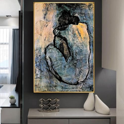 HOLEILUCK Berühmtes Gemälde „Blauer Akt“ von Pablo Picasso, moderne Kunstdrucke, Wandkunst, Cuadros-Bilder für Wohnzimmerdekoration, 85 x 100 cm, mit goldenem Rahmen