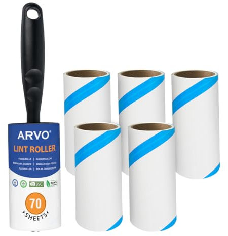 ARVO Lint Roller for Pet Hair and Dust Remover 6 pack/420 Sheets -1 Handle 70 sheets/roll, Lint Rollers for Clothes, Furnitures and Carpet, Easy to tear, Fluff & Hair Remover, Sticky Roller refills