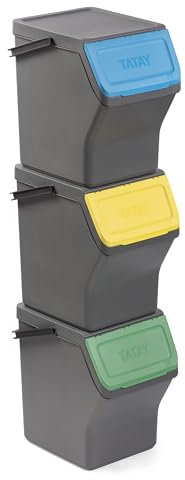 TATAY Contenitori Differenziata Easy Waste 20L | Set da 3 | Design Modulabile e Impilabile | Coperchio con Sistema Click | Manico Integrato per il Trasporto | Materiale Riciclato | 35x27x36cm, Grigio