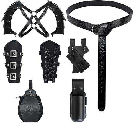 YRTBGD 6 Stück Mittelalter Kleidung für Herren Accessoires Set, Viking Renaissance Ritter Deko mit Gürtel Armschützer Gürteltasche Schulterpanzer für Halloween Karneval (Schwarz)