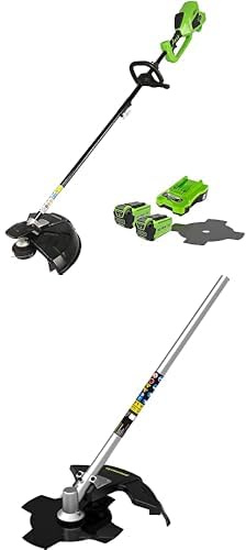 Greenworks 40V Akku Freischneider mit bürstenlosem Motor, 40 cm Schnittbreite, mit Akku und Ladegerät, GD40BC + Schneidmesser, Zahnklingenaufsatz