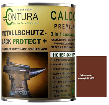 Contura 3in1 Rostschutzfarbe Metallschutzlack Glänzend RAL Metall Lack Farbe Grundierung (RAL 3009 (Intern: Schwedenrot), 500ml.)