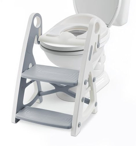Holdfiturn Potty Training Seat Toilet Seat Kids Adjustable Potty Ladder Seat for Toilet Training with Steps Handle Soft Cushion Design 2 in 1 Potty Training Toilet Seat (Gray)