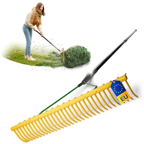 Novatool Heurechen mit 16 doppelseitigen Zinken und Teleskop-Stiel bis 152cm, Arbeitsbreite 64 cm, Rechen aus Kunststoff und Metall, Gartenrechen, Heusammler, Rasenrechen, Gartengerät, Gelb