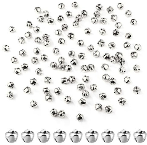 Lasuroa 100uds Cascabeles Manualidades, 0,8cm Cascabeles Pequeños Jingle Bells Decorativos para Fiestas Navideñas Cajas de Regalo Decoraciones (Plata)