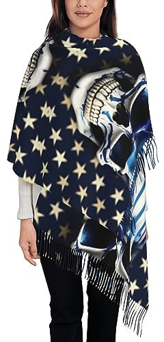SBKGBIEHG Weicher Damen-Schal aus Kaschmir, warm, modisch, leicht, Winterschal, langer Schal mit Fuchs-Aufdruck, Blau gestreift Sterne Totenkopf, One size