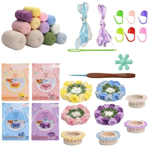 Ceprznvey Häkeluntersetzer, Häkelset, Blumen-Untersetzer-Set, Stricken, Häkelbedarf, komplettes Häkelblumen-Untersetzer-Set für Anfänger, Schritt-für-Schritt-Anleitungen für Häkelprojekte, mehrfarbig