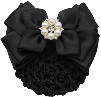 Retina per capelli con fiocco, con strass e perle, con clip per capelli alla francese, accessori per capelli eleganti per hostess, banche, hotel, ristoranti (nero)