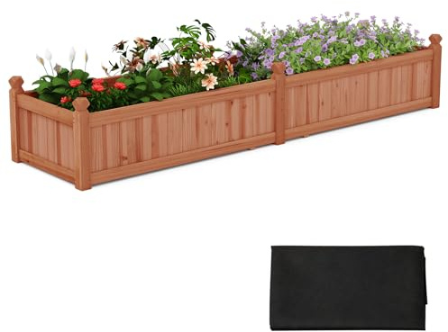 COSTWAY Raised Garden Bed, Wooden Planter Box Kit with Non-woven Liner, Movable Boards, Dividers & Drainage System for Climbing Vines Flower Vegetable, Outdoor Plant Grow Box Container (Reddish Brown)