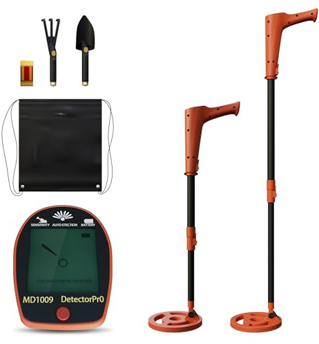 UISEBRT Metalldetektor für Kinder ab 5 Jahren, Hochpräziser Kinder-Metalldetektor mit LCD-Display, wasserdichter Suchspule, höhenverstellbar, leicht und tragbar, inklusive Schaufel & Rechen, Orange