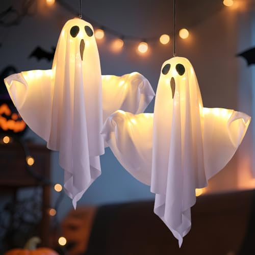 Halloween Deko Geist, 2 Stück Halloween Deko Outdoor, 50cm Geister Dekos mit Lichterkette, Gespenster Dekorationen, Leuchtende Geister für Party, Terrasse, Rasen, Garten, Vorgarten(Weiß)
