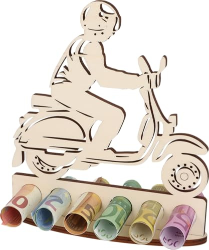 XL Geldgeschenk aus Holz Motorroller Moped|Moped|Geschenkidee Führerschein|Gutscheinverpackung|witziges Geschenk|Geldgeschenk für Frauen und Männer (Motorroller Mann)