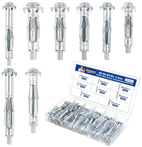 Seconero 52 Pièces Cheville Placo, 8 Tailles Cheville Placo Charge Lourde Métallique, M4 M5 M6 M8 Acier Galvanisé Vis Expansion, Kit d'Ancrage Mural Robuste en Métal pour Mur Creux Plaque de Plâtre