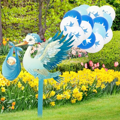 HuaMuDM Klapperstorch Set zur Geburt Baby, 85 cm hoch Babystorch, 15Pcs Neugeborene Balloon, Geburt Babystorch für Draußen, Holzstorch Zur Geburt, Großer Storch aus Holz