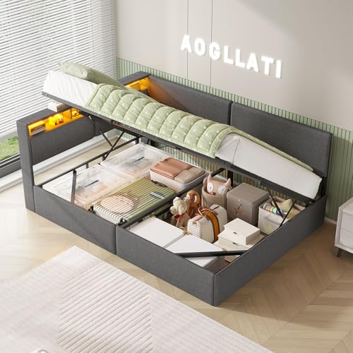 AOGLLATI Canapé lit 140 x 200, Lit Coffre 140 x 200 avec LED et Ports USB, Lit Hydraulique avec Tête de Lit capitonné et Rangement, Lit 2 Personnes avec Lattes en Bois, Lin Gris Foncé(sans Matelas)