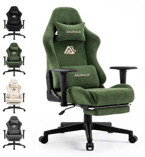 Asukale Gaming Stuhl | Bürostuhl Ergonomisch | Wildlederimitat Gamingstuhl mit Fußstütze | 90°-175° Rückenlehne