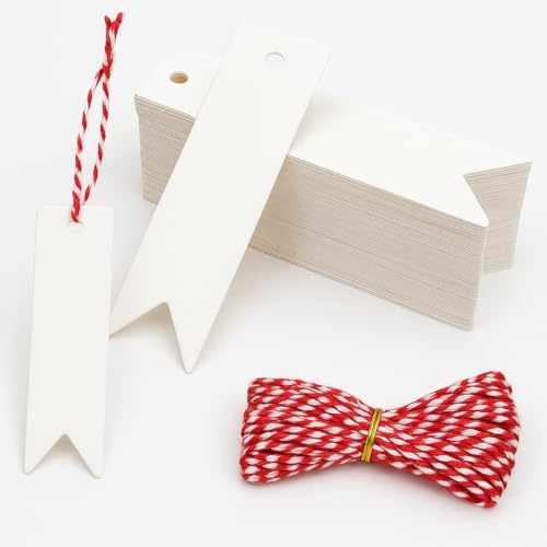 LeGeYo Geschenkanhänger Weiß 100 Stück (7×2 cm) Beidseitig Beschreibbar inkl. 10 m Juteschnur für Hochzeit/Geburtstag/Weihnachten/DIY/Preis/Label