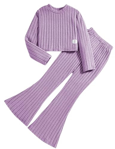 Generisch 2 pezzi vestito da bambina a maniche lunghe senza pancia, maglietta a coste e pantaloni a zampa, pantaloni da jogging Natale invernale