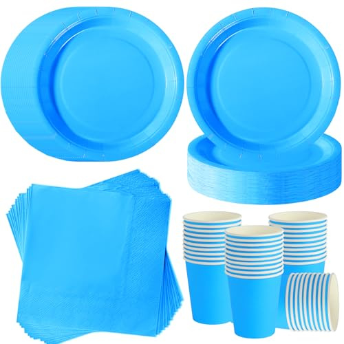 ZblPyro Azul Cielo cumpleaños para 40 invitados con platos carton redondos 18cm, vasos de papel y servilletas. Ideal para fiestas escolares y verano.